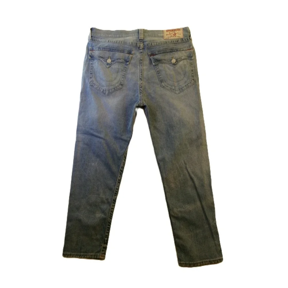 True Religion Mens 34 Slim Drop Rise Jeans Light Blue Flap‎ Pocket Distressed